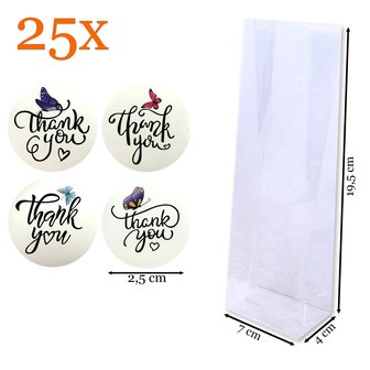 Cadeauzakjes Transparant + Sluitstickers &quot;Thank You&quot; met Vlinders &ndash; 25&nbsp;Stuks &ndash; 7x4x19,5 cm &ndash; Feestelijke Blokbodemzakjes