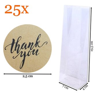 Cadeauzakjes Transparant + &quot;Thank You&quot; Stickers met Kraftpapier Look &ndash; 25 Stuks &ndash; 7x4x19,5 cm