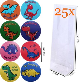 Cadeauzakjes Transparant + Sluitstickers dino&#039;s &ndash; 25&nbsp;Stuks &ndash; 7x4x19,5 cm 