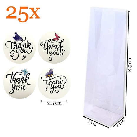 Cadeauzakjes Transparant + Sluitstickers "Thank You" met Vlinders – 25 Stuks – 7x4x19,5 cm – Feestelijke Blokbodemzakjes